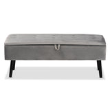 Caine Modern and Contemporary Grey Velvet Fabric Upholstered and Dark Brown Finished Wood Storage Bench