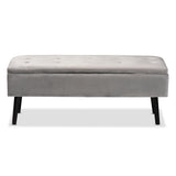 Caine Modern and Contemporary Grey Velvet Fabric Upholstered and Dark Brown Finished Wood Storage Bench