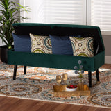 Caine Modern and Contemporary Green Velvet Fabric Upholstered and Dark Brown Finished Wood Storage Bench