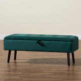 Caine Modern and Contemporary Green Velvet Fabric Upholstered and Dark Brown Finished Wood Storage Bench