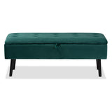 Caine Modern and Contemporary Green Velvet Fabric Upholstered and Dark Brown Finished Wood Storage Bench