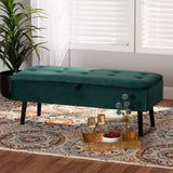 Caine Modern and Contemporary Green Velvet Fabric Upholstered and Dark Brown Finished Wood Storage Bench