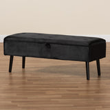 Caine Modern and Contemporary Black Velvet Fabric Upholstered and Dark Brown Finished Wood Storage Bench