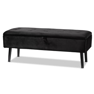 Caine Modern and Contemporary Black Velvet Fabric Upholstered and Dark Brown Finished Wood Storage Bench