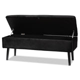 Caine Modern and Contemporary Black Velvet Fabric Upholstered and Dark Brown Finished Wood Storage Bench