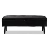 Caine Modern and Contemporary Black Velvet Fabric Upholstered and Dark Brown Finished Wood Storage Bench