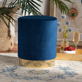 Chaela Contemporary Glam and Luxe Navy Blue Velvet Fabric Upholstered and Gold Finished Metal Ottoman