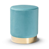 Chaela Contemporary Glam and Luxe Sky Blue Velvet Fabric Upholstered and Gold Finished Metal Ottoman