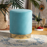 Chaela Contemporary Glam and Luxe Sky Blue Velvet Fabric Upholstered and Gold Finished Metal Ottoman