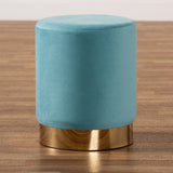 Chaela Contemporary Glam and Luxe Sky Blue Velvet Fabric Upholstered and Gold Finished Metal Ottoman