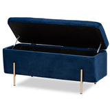 Rockwell Contemporary Glam and Luxe Navy Blue Velvet Fabric Upholstered and Gold Finished Metal Storage Bench