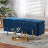 Rockwell Contemporary Glam and Luxe Navy Blue Velvet Fabric Upholstered and Gold Finished Metal Storage Bench