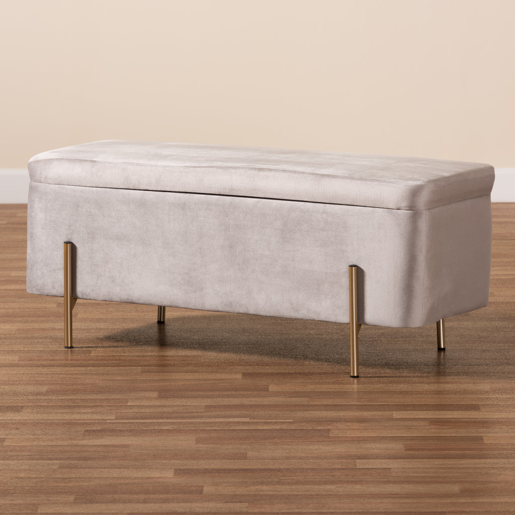 Rockwell Contemporary Glam and Luxe Grey Velvet Fabric Upholstered and Gold Finished Metal Storage Bench