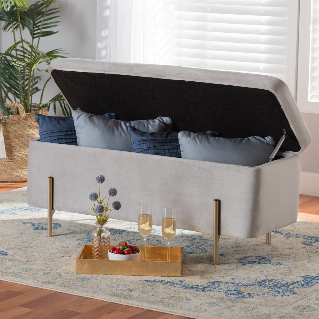 Rockwell Contemporary Glam and Luxe Grey Velvet Fabric Upholstered and Gold Finished Metal Storage Bench