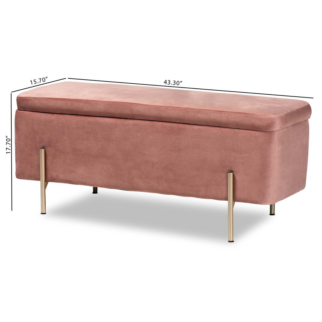 Rockwell Contemporary Glam and Luxe Blush Pink Velvet Fabric Upholstered and Gold Finished Metal Storage Bench