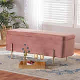 Rockwell Contemporary Glam and Luxe Blush Pink Velvet Fabric Upholstered and Gold Finished Metal Storage Bench