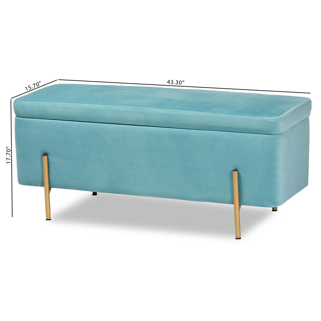 Rockwell Contemporary Glam and Luxe Sky Blue Velvet Fabric Upholstered and Gold Finished Metal Storage Bench