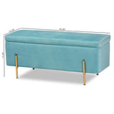 Rockwell Contemporary Glam and Luxe Sky Blue Velvet Fabric Upholstered and Gold Finished Metal Storage Bench