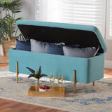 Rockwell Contemporary Glam and Luxe Sky Blue Velvet Fabric Upholstered and Gold Finished Metal Storage Bench