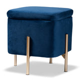 Aleron Contemporary Glam and Luxe Navy Blue Velvet Fabric Upholstered and Gold Finished Metal Storage Ottoman