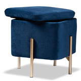 Aleron Contemporary Glam and Luxe Navy Blue Velvet Fabric Upholstered and Gold Finished Metal Storage Ottoman