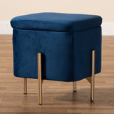 Aleron Contemporary Glam and Luxe Navy Blue Velvet Fabric Upholstered and Gold Finished Metal Storage Ottoman