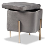 Aleron Contemporary Glam and Luxe Grey Velvet Fabric Upholstered and Gold Finished Metal Storage Ottoman