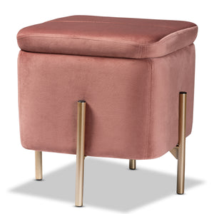 Aleron Contemporary Glam and Luxe Pink Velvet Fabric Upholstered and Gold Finished Metal Storage Ottoman