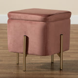 Aleron Contemporary Glam and Luxe Pink Velvet Fabric Upholstered and Gold Finished Metal Storage Ottoman