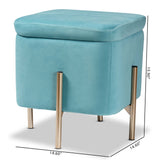 Aleron Contemporary Glam and Luxe Sky Blue Velvet Fabric Upholstered and Gold Finished Metal Storage Ottoman