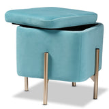 Aleron Contemporary Glam and Luxe Sky Blue Velvet Fabric Upholstered and Gold Finished Metal Storage Ottoman