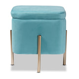 Aleron Contemporary Glam and Luxe Sky Blue Velvet Fabric Upholstered and Gold Finished Metal Storage Ottoman