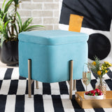 Aleron Contemporary Glam and Luxe Sky Blue Velvet Fabric Upholstered and Gold Finished Metal Storage Ottoman