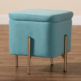 Aleron Contemporary Glam and Luxe Sky Blue Velvet Fabric Upholstered and Gold Finished Metal Storage Ottoman