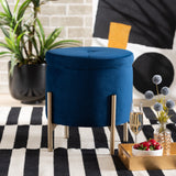 Malina Contemporary Glam and Luxe Navy Blue Velvet Fabric Upholstered and Gold Finished Metal Storage Ottoman