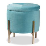 Malina Contemporary Glam and Luxe Sky Blue Velvet Fabric Upholstered and Gold Finished Metal Storage Ottoman