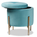 Malina Contemporary Glam and Luxe Sky Blue Velvet Fabric Upholstered and Gold Finished Metal Storage Ottoman