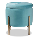 Malina Contemporary Glam and Luxe Sky Blue Velvet Fabric Upholstered and Gold Finished Metal Storage Ottoman