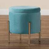 Malina Contemporary Glam and Luxe Sky Blue Velvet Fabric Upholstered and Gold Finished Metal Storage Ottoman