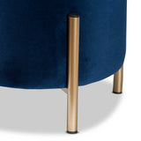 Thurman Contemporary Glam and Luxe Navy Blue Velvet Fabric Upholstered and Gold Finished Metal Ottoman