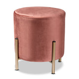 Thurman Contemporary Glam and Luxe Pink Velvet Fabric Upholstered and Gold Finished Metal Ottoman