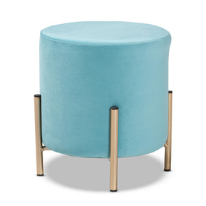 Thurman Contemporary Glam and Luxe Sky Blue Velvet Fabric Upholstered and Gold Finished Metal Ottoman