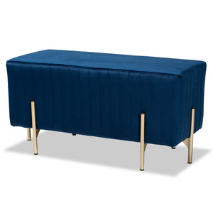 Helaine Contemporary Glam and Luxe Navy Blue Fabric Upholstered and Gold Metal Bench Ottoman