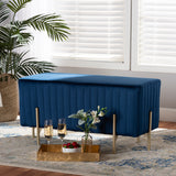 Helaine Contemporary Glam and Luxe Navy Blue Fabric Upholstered and Gold Metal Bench Ottoman