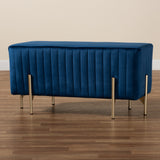 Helaine Contemporary Glam and Luxe Navy Blue Fabric Upholstered and Gold Metal Bench Ottoman