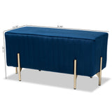 Helaine Contemporary Glam and Luxe Navy Blue Fabric Upholstered and Gold Metal Bench Ottoman