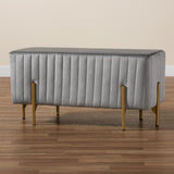 Helaine Contemporary Glam and Luxe Grey Fabric Upholstered and Gold Metal Bench Ottoman