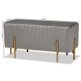 Helaine Contemporary Glam and Luxe Grey Fabric Upholstered and Gold Metal Bench Ottoman