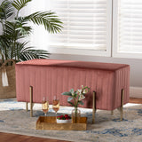 Helaine Contemporary Glam and Luxe Blush Pink Fabric Upholstered and Gold Metal Bench Ottoman