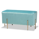 Helaine Contemporary Glam and Luxe Sky Blue Fabric Upholstered and Gold Metal Bench Ottoman